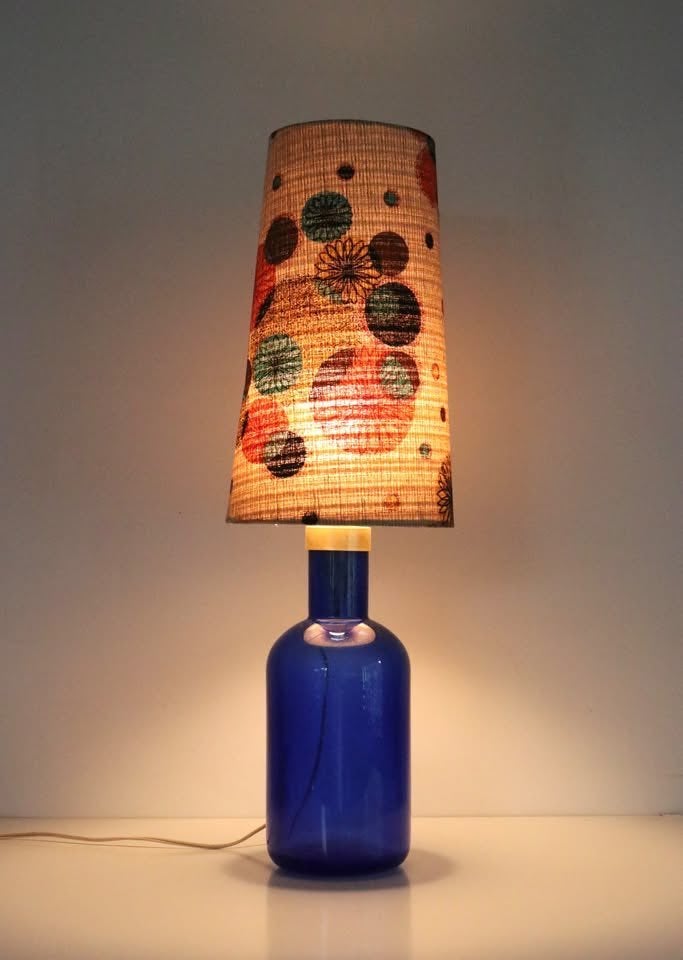 Blue Glass Lamp with Original Floral Shade Vintage 1960, Ophalen of Verzenden