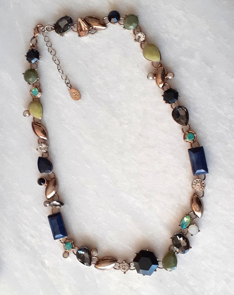 Halsketting vintage grote gekleurde stenen en strass, Overige materialen, Blauw, Met strass, Ophalen of Verzenden