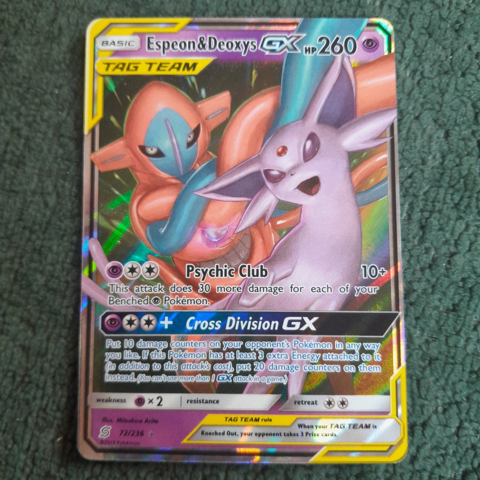 Espeon & Deoxys GX (UNM 72), Ophalen of Verzenden, Zo goed als nieuw, Losse kaart, Foil