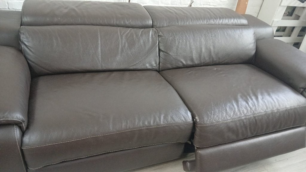 Divan cuir pleine peau brun relax - full électrique, Maison & Meubles, Enlèvement, Utilisé, Deux personnes, Cuir