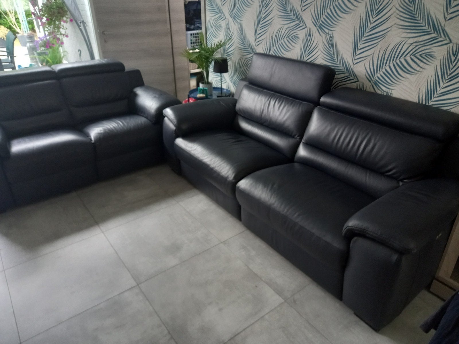 canapé 3+2 cuir bleu, repose tête et relax électrique, Enlèvement, Utilisé, Cuir