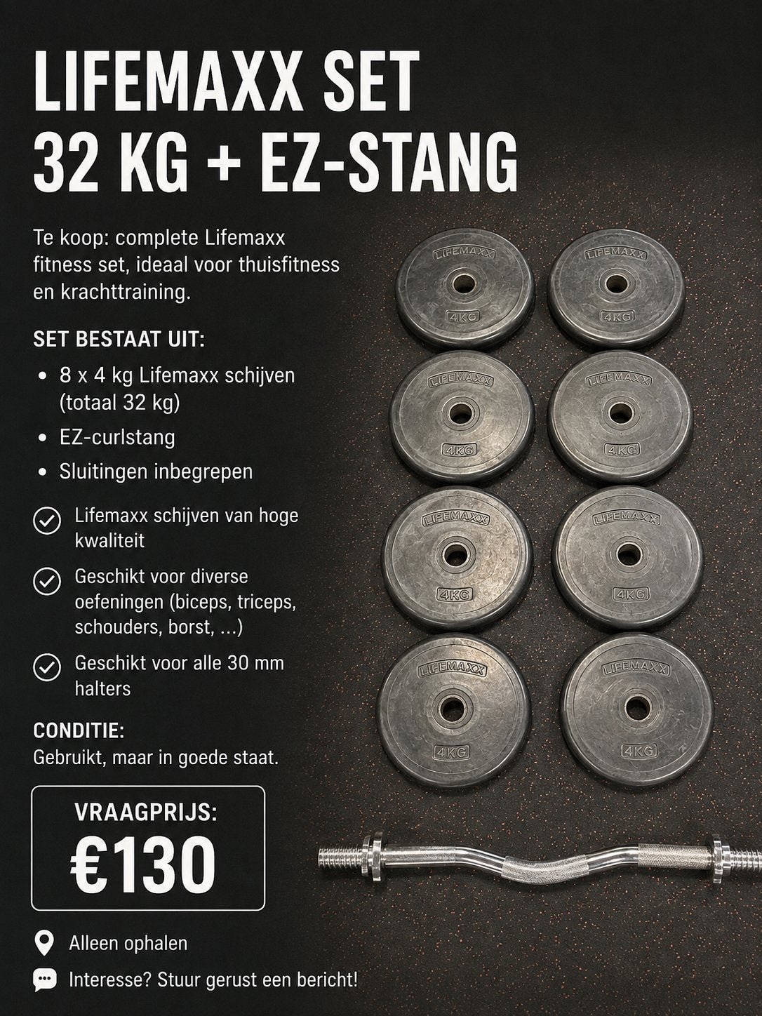 Lifemaxx gewichten + EZ-stang – 32 kg, Ophalen, Zo goed als nieuw