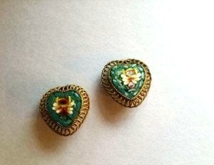 Leuke vintage Micromozaïek knijpoorbelletjes in hartvorm, Ophalen of Verzenden, Koper, Oorbellen