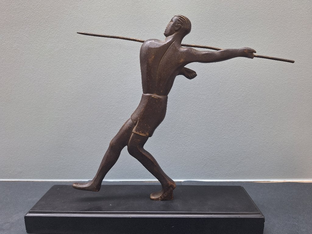 art deco bronzen beeld speerwerper P. Freddy, Art deco, Handgemaakt, Ophalen of Verzenden, Brons