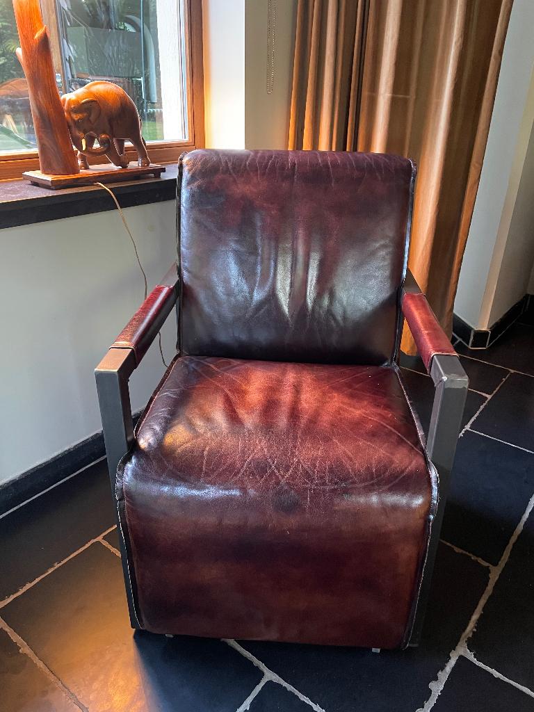 Orginele set Wood Industries  in buffelleer, Huis en Inrichting, Stoelen, Ophalen, Gebruikt, Twee, Bruin