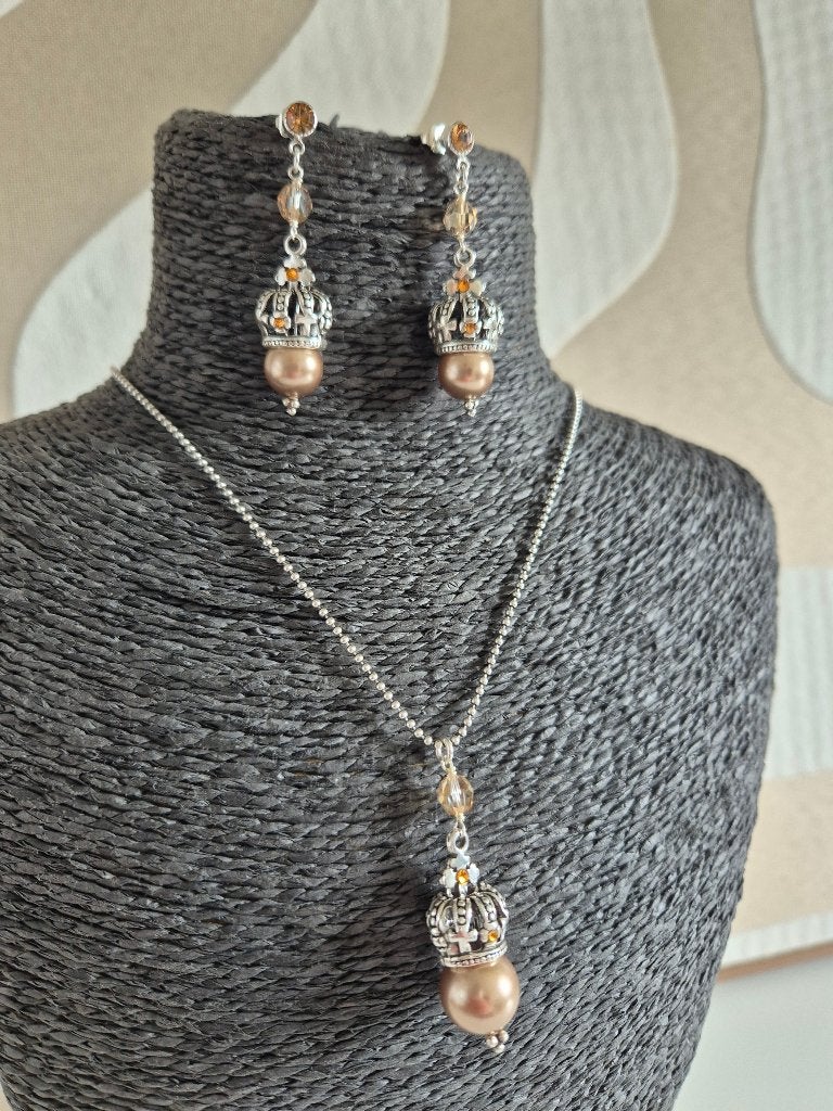 Sieradenset - Champagne Parel & Swarovski, Met hanger, Beige, Nieuw, Ophalen of Verzenden