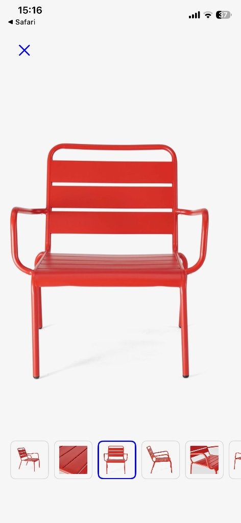 Design stoel lage relax tuinstoel rood staal, Huis en Inrichting, Fauteuils, Ophalen, Overige materialen, Zo goed als nieuw, 50 tot 75 cm