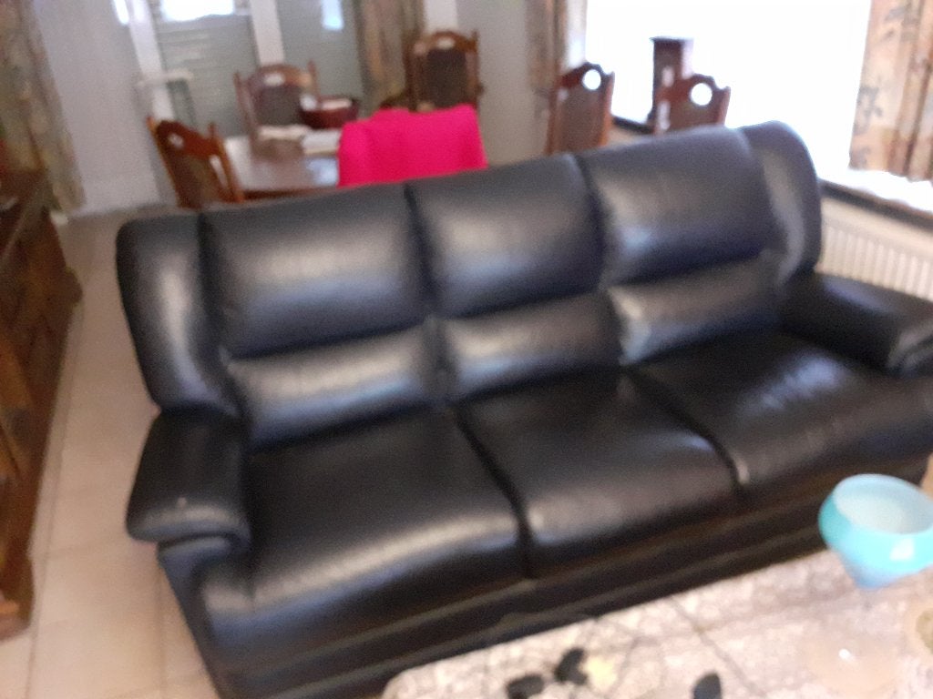 complete zithoek donkerblauw leder met salontafel, Huis en Inrichting, Zetels | Complete zithoeken, Ophalen, Zo goed als nieuw