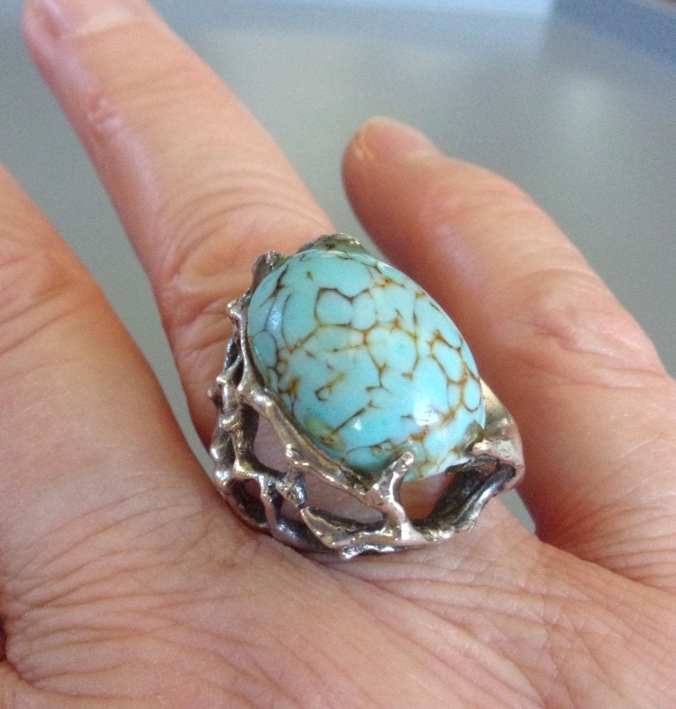 Bague artisanale vintage en argent de Taxco au Mexique, Enlèvement ou Envoi, Utilisé, Bleu, Argent
