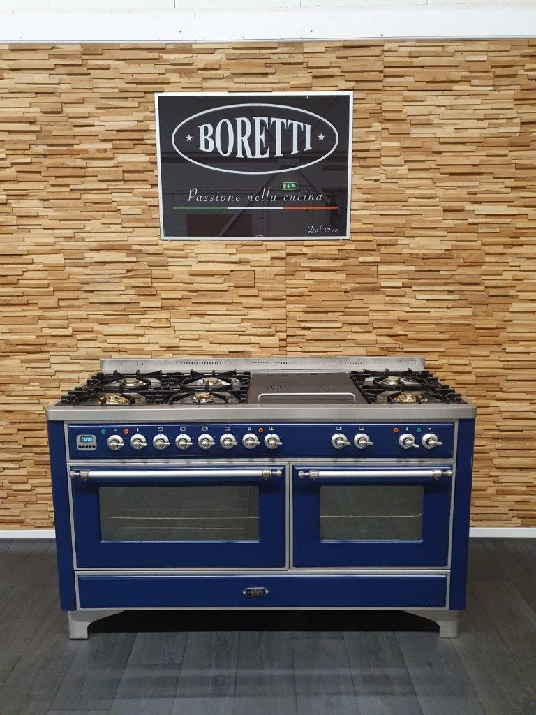 Luxe Boretti Majestic 150cm Fornuis konings blauw + afuigkap, Gaz, Classe énergétique A ou plus économe, Comme neuf, Enlèvement