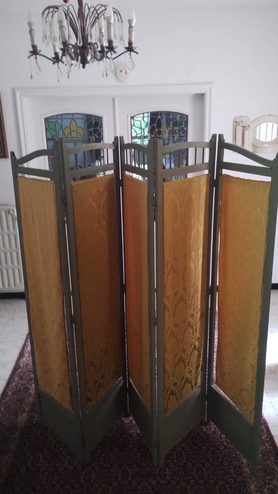 Houten kamerscherm paravent 5-delig goudkleurige stof, Enlèvement