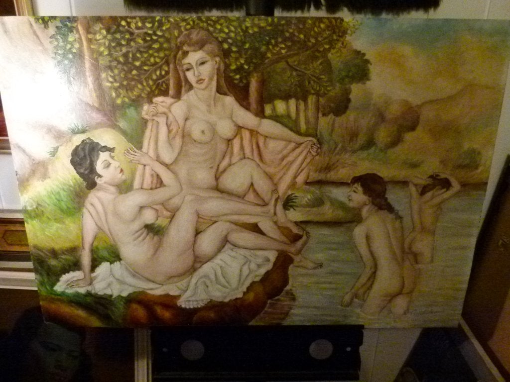 vintage schilderij naar Renoir Les Grandes Baigneuses, Ophalen, Paneel, Portret of Personen, Gedateerd