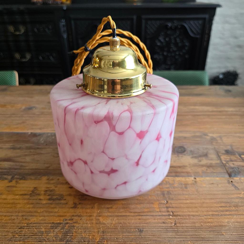 Lampe suspendue vintage en verre opalin marbré Art Déco., Maison & Meubles, Enlèvement ou Envoi, Verre