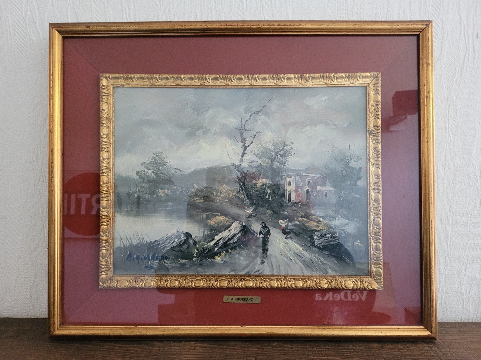 Ancienne huile sur panneau encadrée et signée Giordano, Enlèvement ou Envoi, Panneau