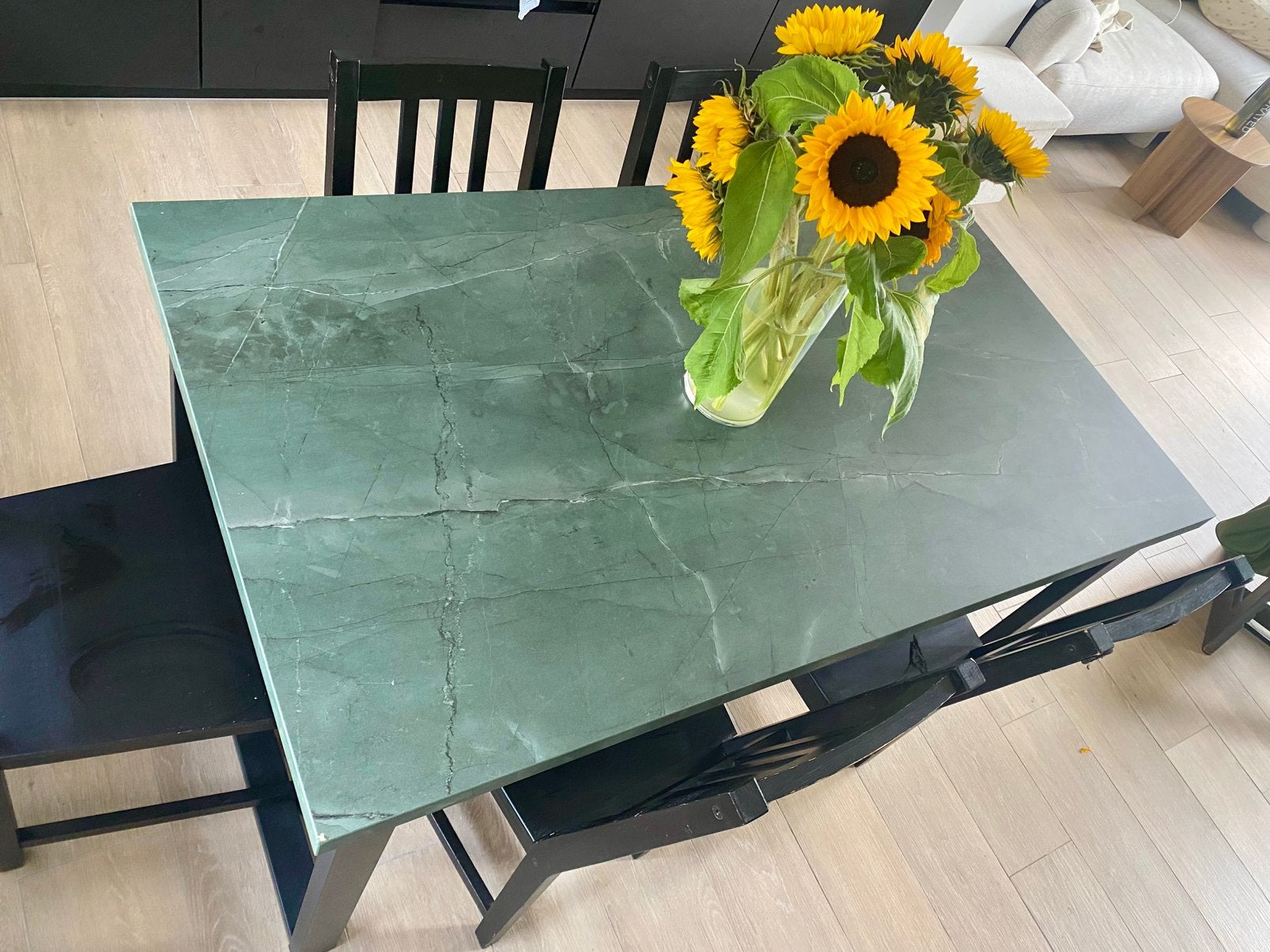 Ikea Tafelblad + poten, donker grijsgroen marmerpatroon, Neuf, 100 à 150 cm, Cinq personnes ou plus, Synthétique