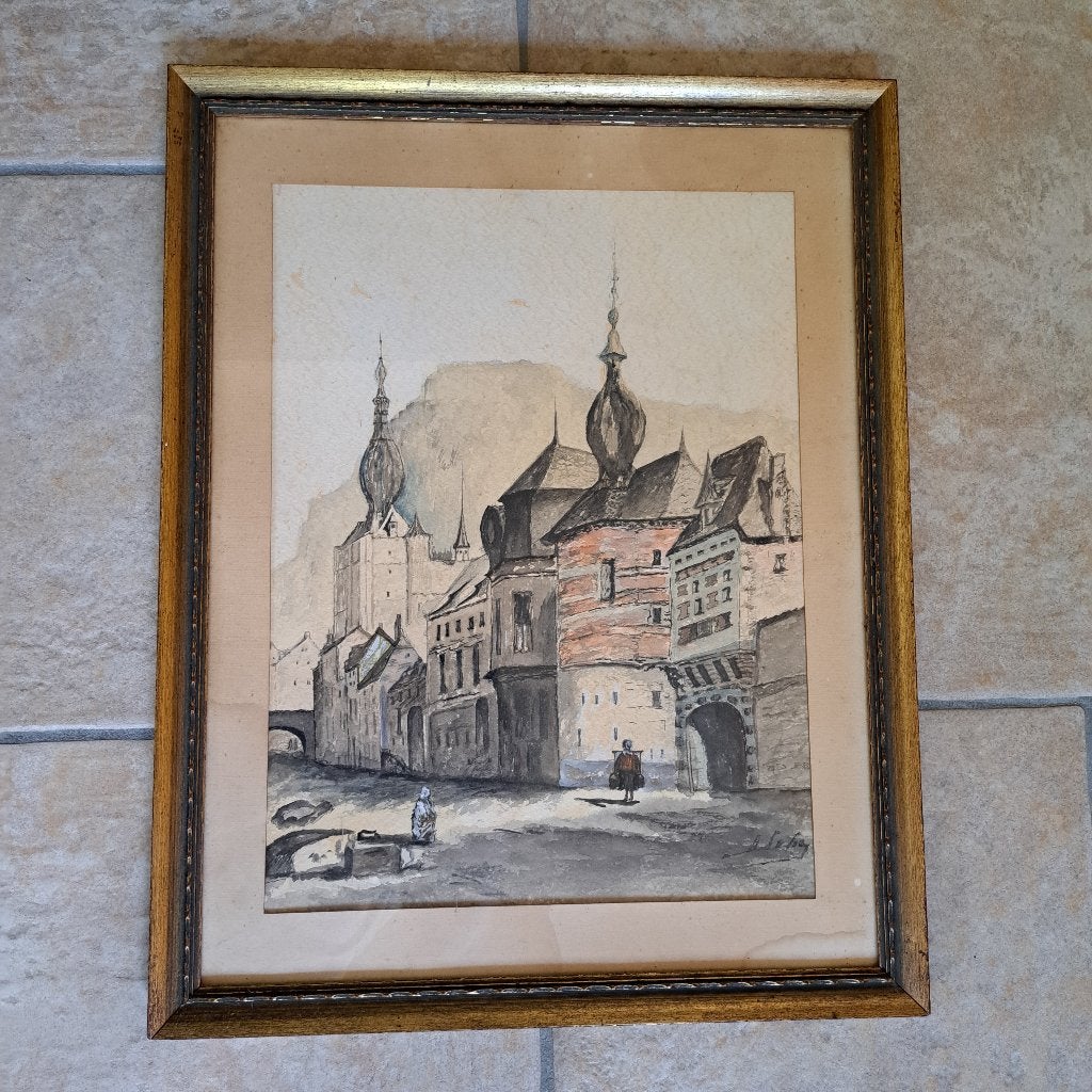 Aquarelle Dinant signée, Antiquités & Art, Aquarelle, Encadré, Enlèvement, Papier