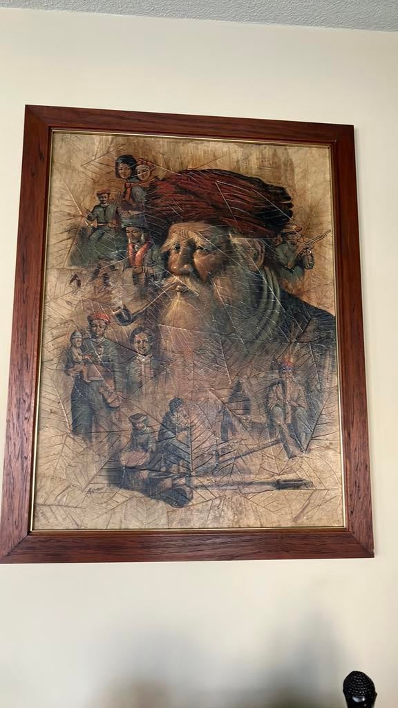 Uniek schilderij olieverf en tabaksblaren, Antiek en Kunst, Ophalen