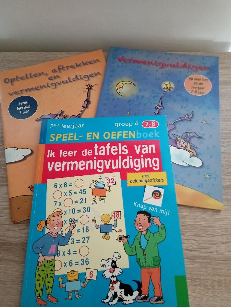 3 oefenboekjes vermenigvuldigen,optellen en aftrekken 7/8, Ophalen, Nieuw