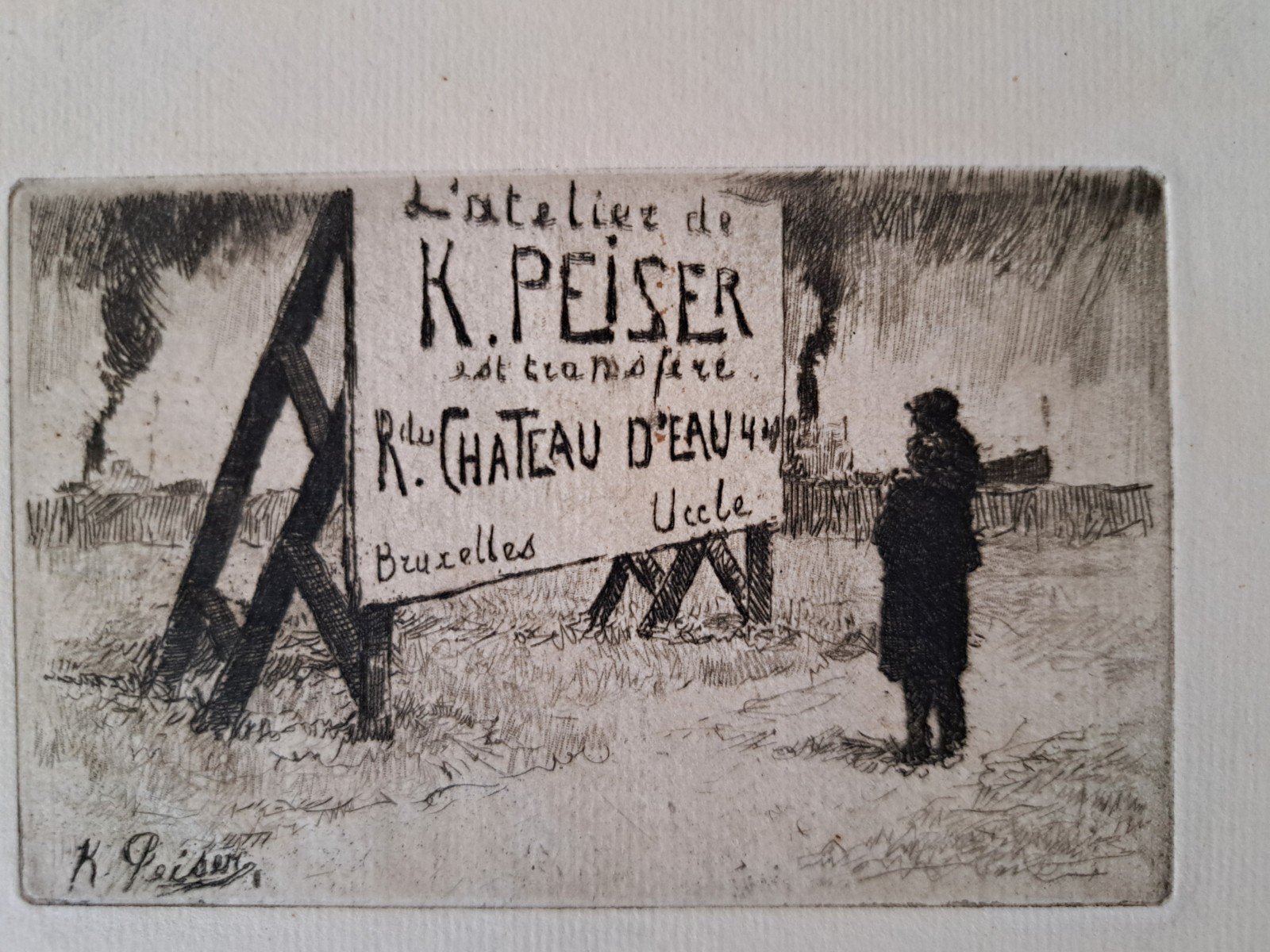 PEISER Kurt "L´atelier de Peiser est transferé" ets, Antiquités & Art, Art | Eaux-fortes & Gravures, Enlèvement ou Envoi, Eau-forte
