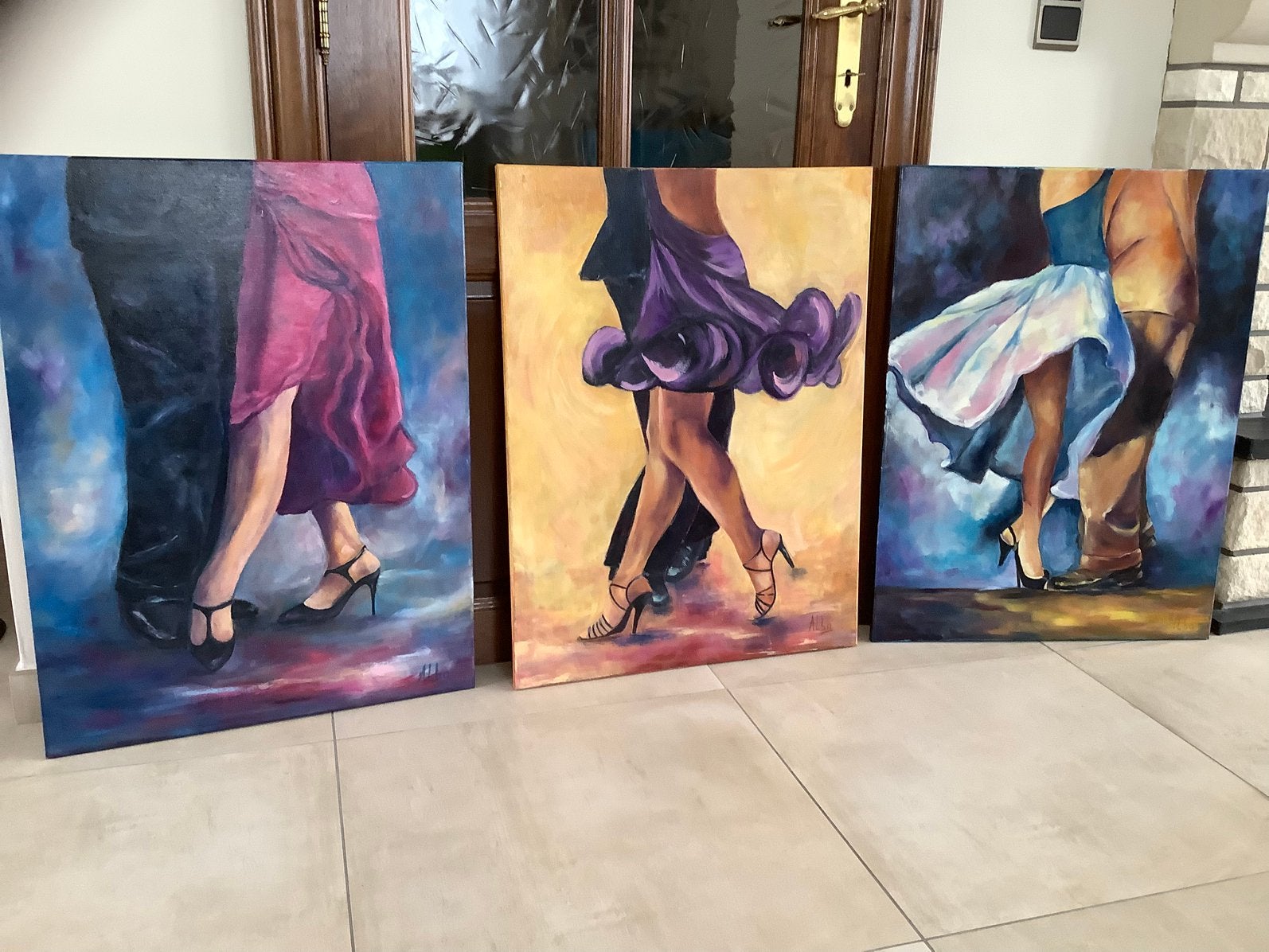Triptyque unique et original  «  Danse et elegance », Antiquités & Art, Art | Peinture | Moderne, Enlèvement, Textile, Sur cadre en bois