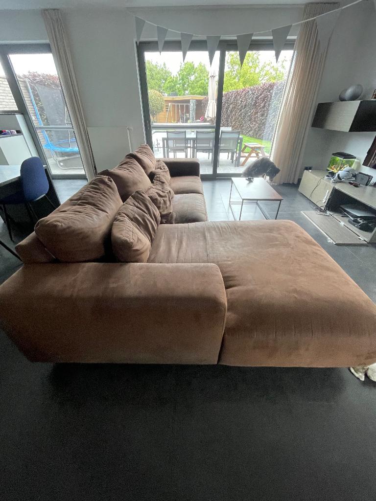 Grote comfortabele hoekzetel met longchair., Enlèvement, Utilisé, Tissus, Cognac kleurige stof