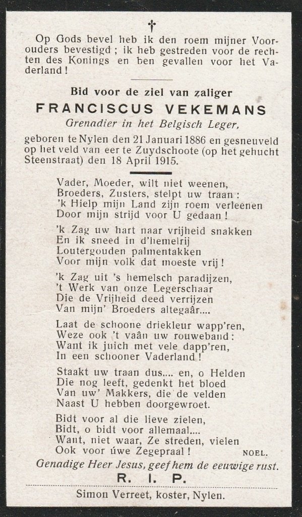 Gesneuvelde 1914-1918 Franciscus Vekemans Zuydschoote 1915, Verzamelen, Bidprentjes en Rouwkaarten, Verzenden