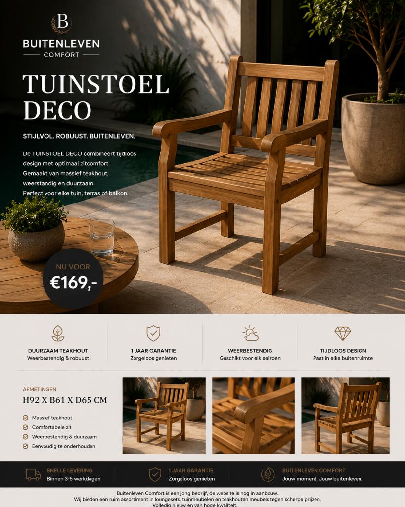 tuinstoel type Deco, Tuin en Terras, Tuinstoelen, Nieuw, Teakhout, Ophalen