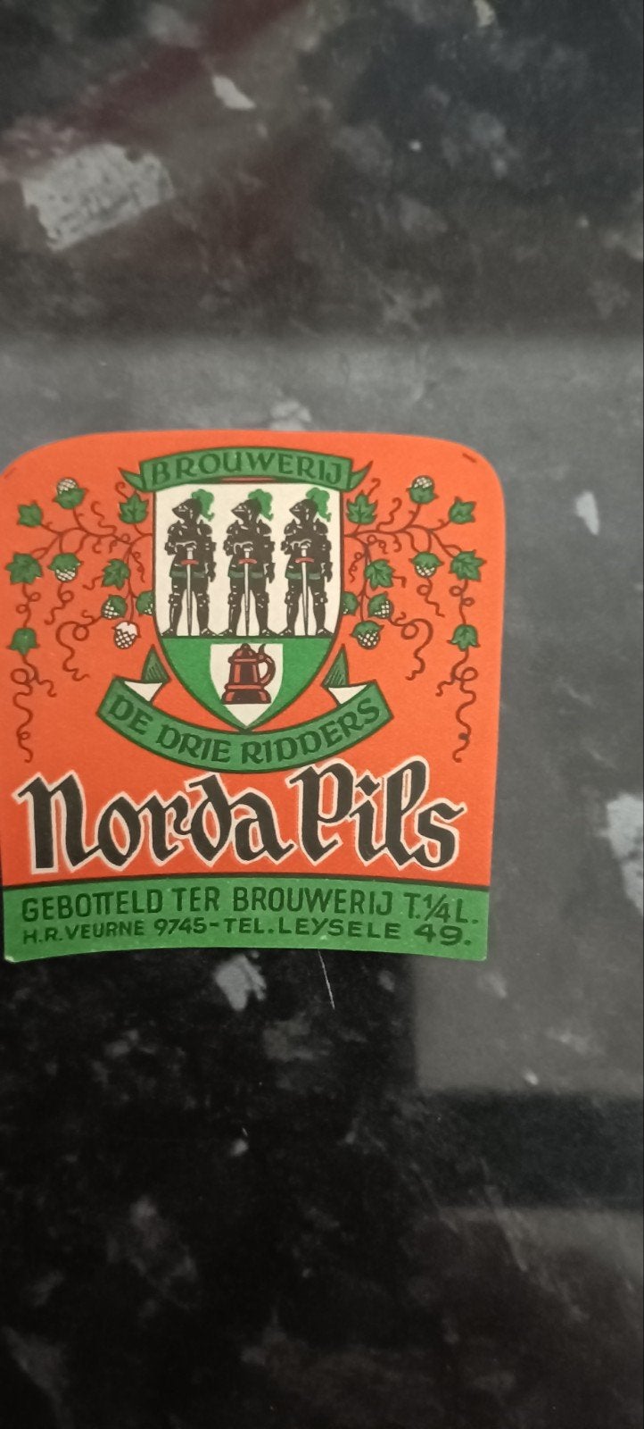 oud bieretiket Norda pils br de 3 ridders Leysele, Verzamelen, Ophalen of Verzenden