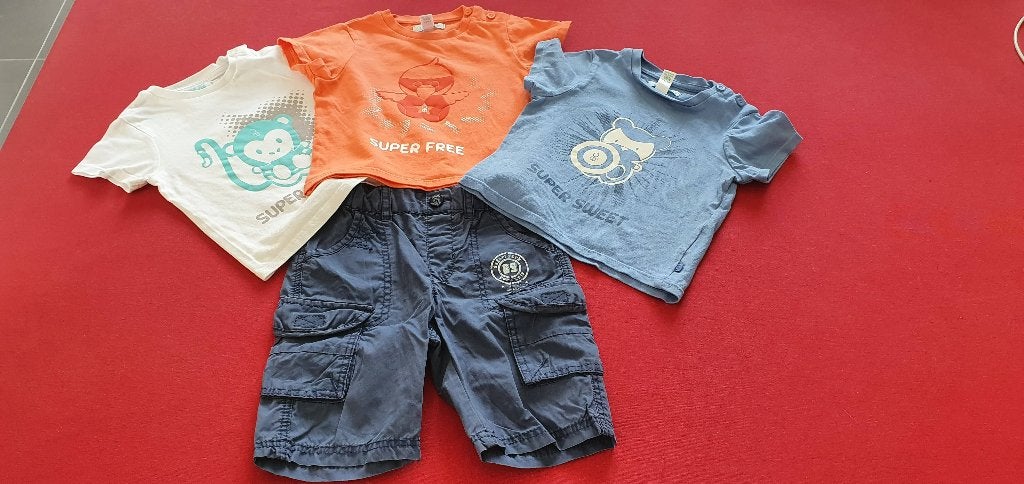 Ensemble 3 t-shirts et pantalon - T74 (12m) - Obaïbi - NEUF, Neuf, Garçon, Ensemble, Enlèvement