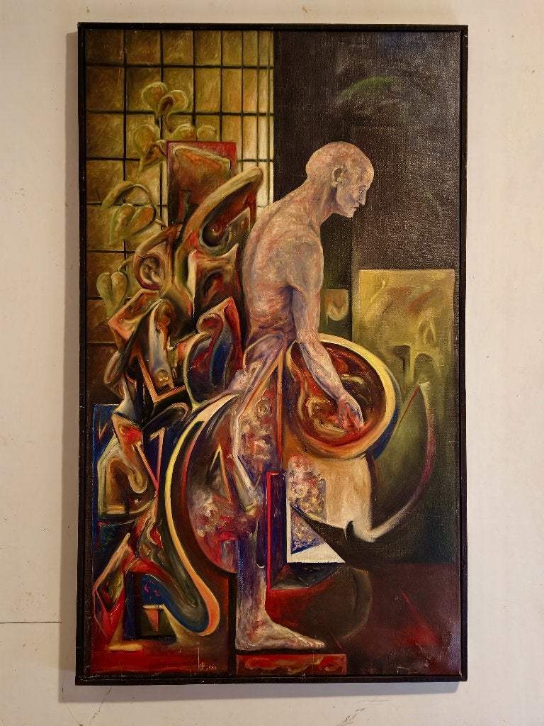 Groot kleurrijk schilderij op doek, Ophalen, Doek, Portret of Personen, Surrealisme