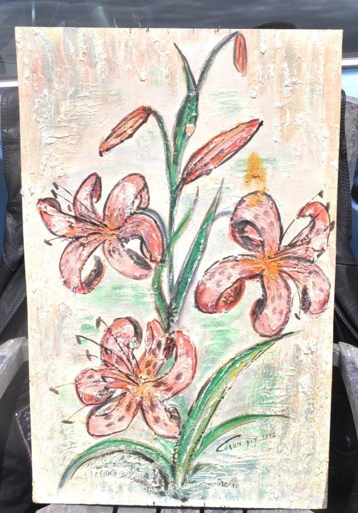 peinture orchidée relief sur panneau signé  coron guy, Antiquités & Art, Enlèvement ou Envoi, Panneau, Signé, Classique