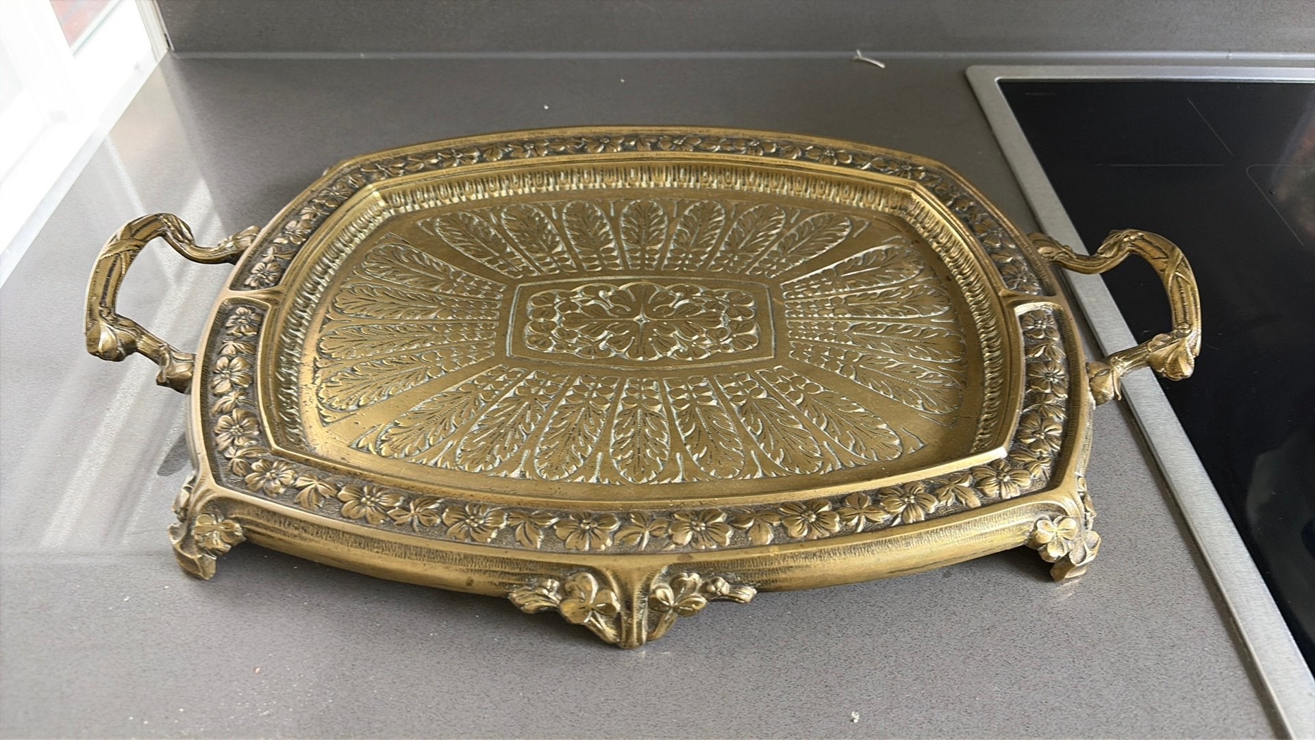 Antiek bronzen dienblad met handvaten - Art Nouveau - DÉPOSÉ, Enlèvement ou Envoi, Utilisé, Ovale, Métal