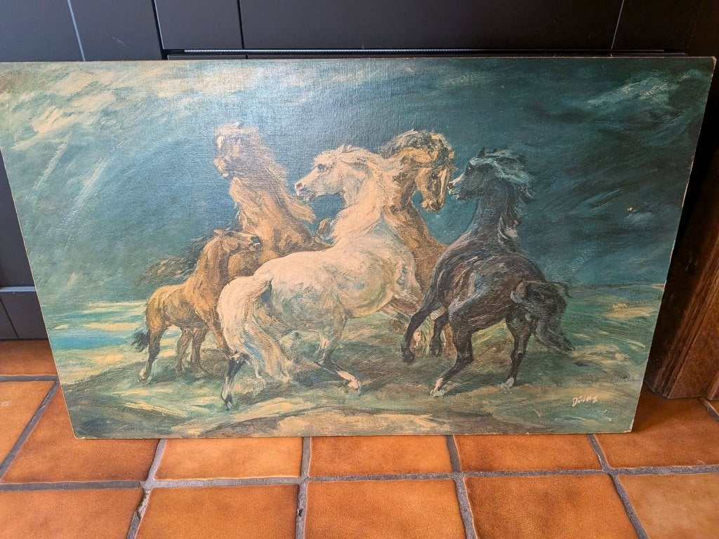 Olieverf op paneel: „Paarden in de storm””, Ophalen, Olieverf, Paneel