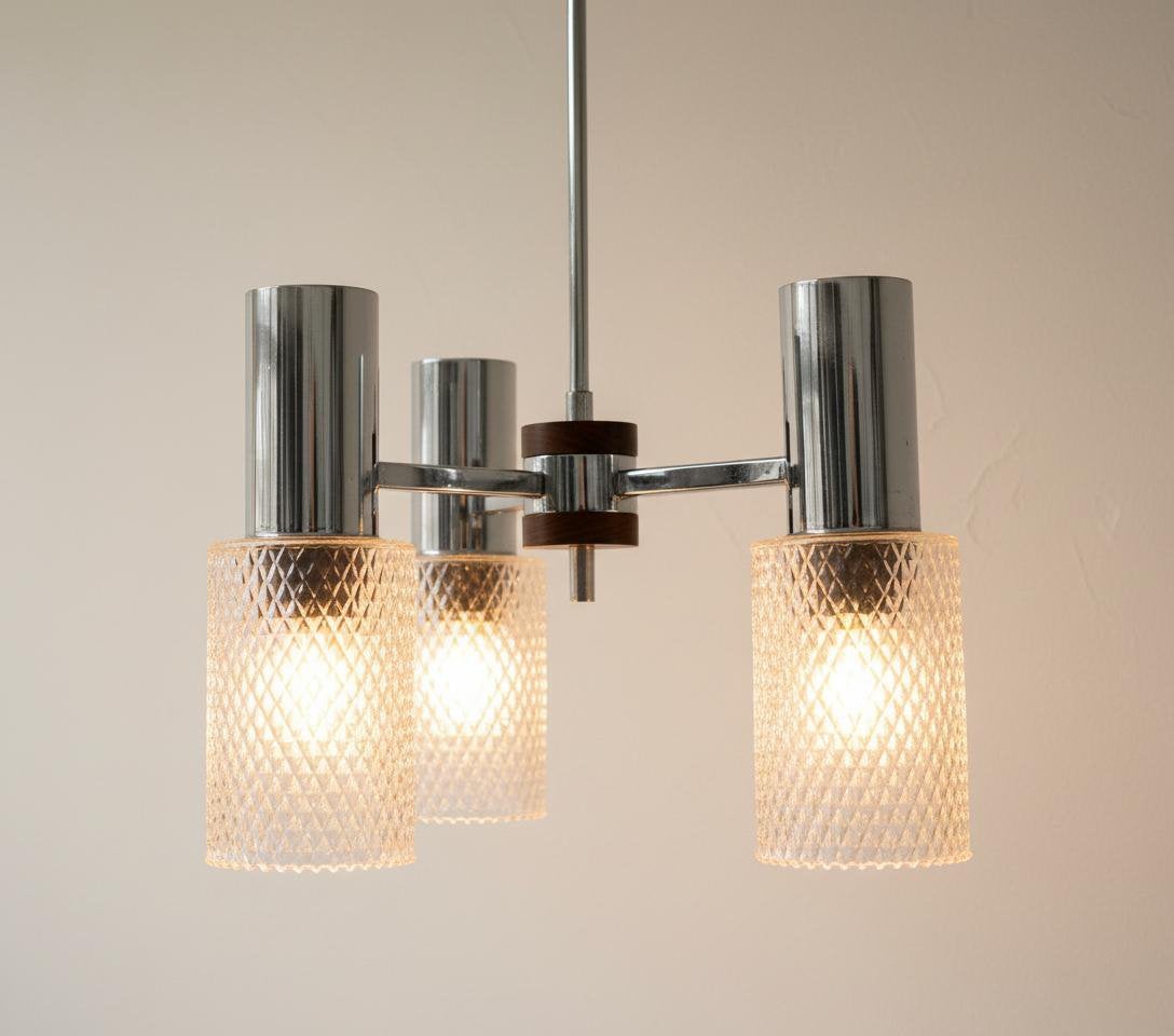 Suspension vintage 3 feux années 70 – Chrome, verre texturé, Enlèvement ou Envoi, E27 (grand), Utilisé, Verre