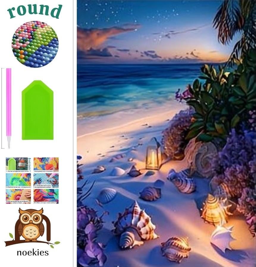 nr 659 Diamond Painting strand schelpen 40x30cm (rond), Zee en Strand, Verzenden, Nieuw, Meerkleurig