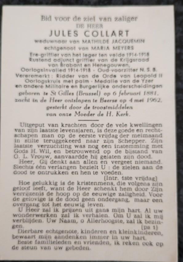 Bidprentje Jules Collart WOI oorlogsinvalide ere-griffier, Verzamelen, Verzenden, Bidprentje