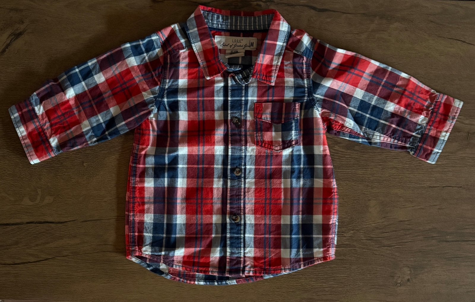 Chemise à carreaux rouge/marine L.O.G.G. / H&M - 6 mois - 4€, Enlèvement ou Envoi, Comme neuf, Garçon, Chemise ou Chemisier