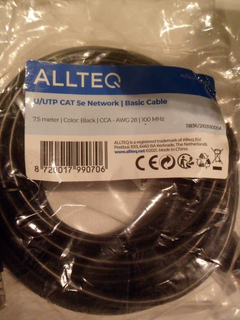 Câble réseau Allteq U/UTP Cat 5e, 7,5 m, noir, en emballage, Enlèvement ou Envoi, Neuf