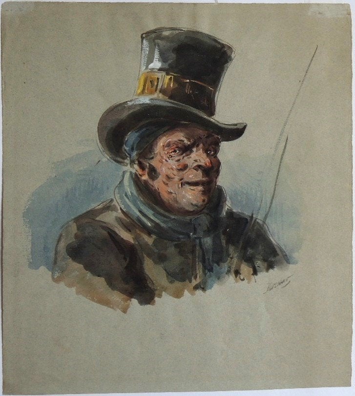 Francois Louis Lenfant aquarel "Le Cocher", Antiquités & Art, Art | Dessins & Photographie, Enlèvement, Dessin, Aquarelle, Original