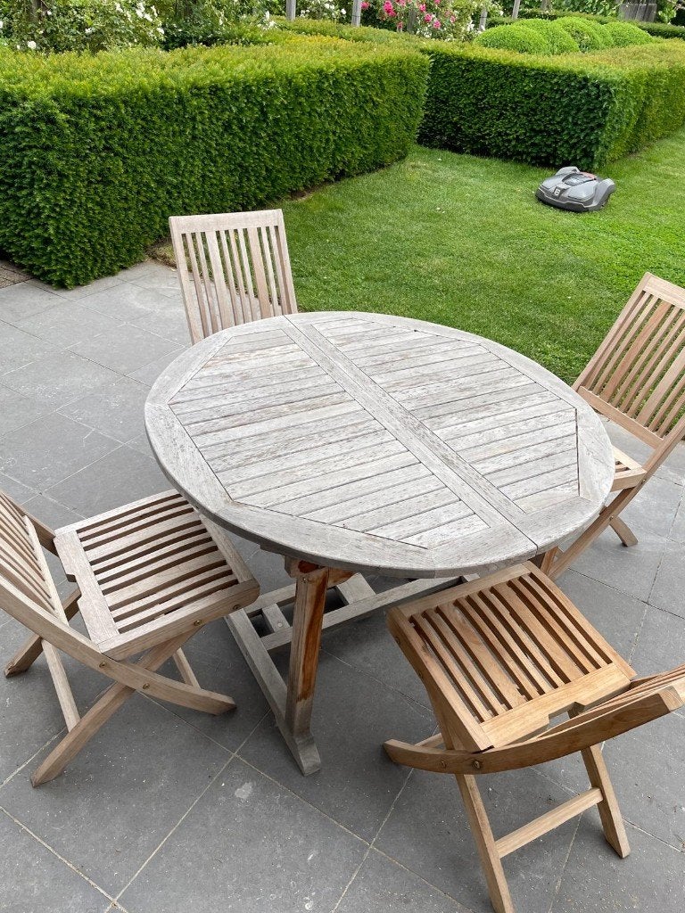 Tuintafel met stoelen in Teak, Ophalen, Gebruikt, 6 zitplaatsen, Teakhout