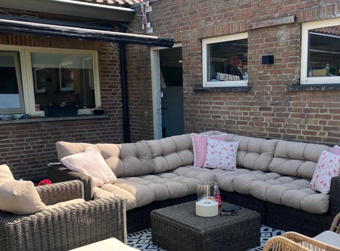 Leuke loungeset voor weinig incl de bruine kussens, Tuin en Terras, Ophalen, Kunststof, Gebruikt, 6 zitplaatsen