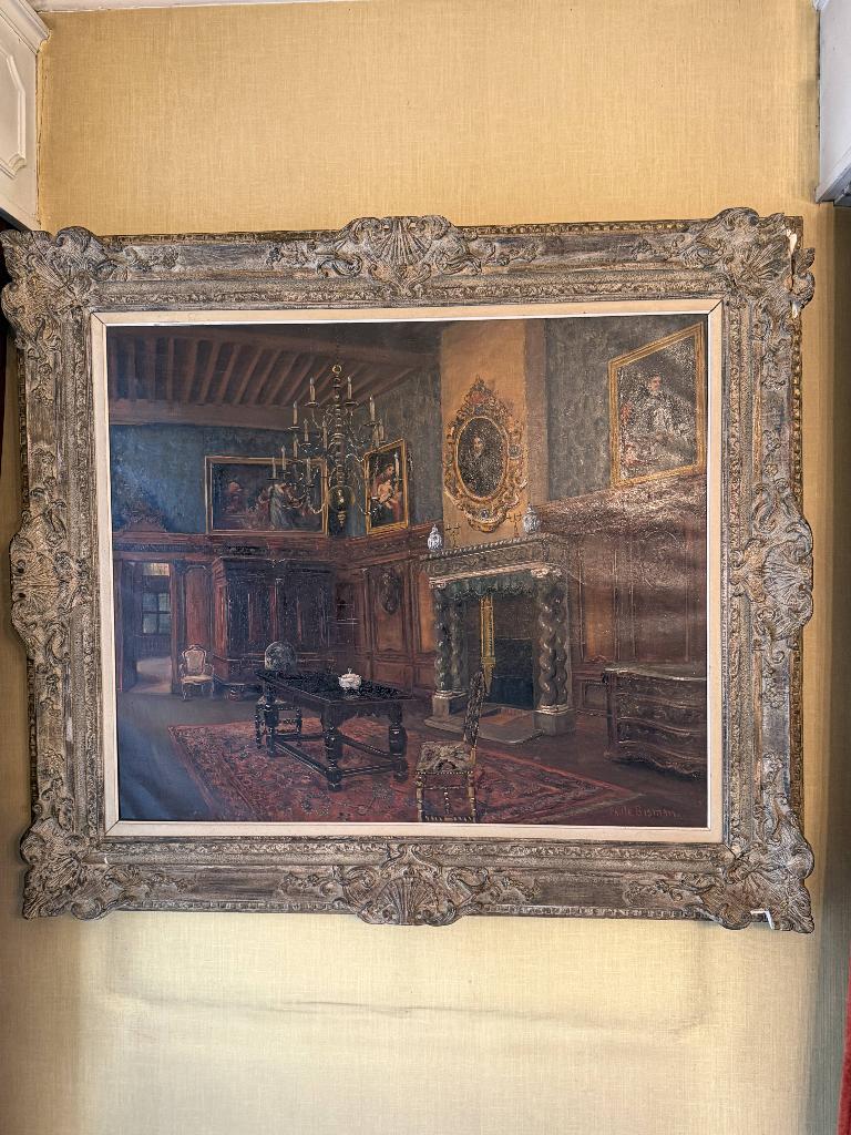 Grand tableau intérieur flamand signé Paule Bisman, Enlèvement