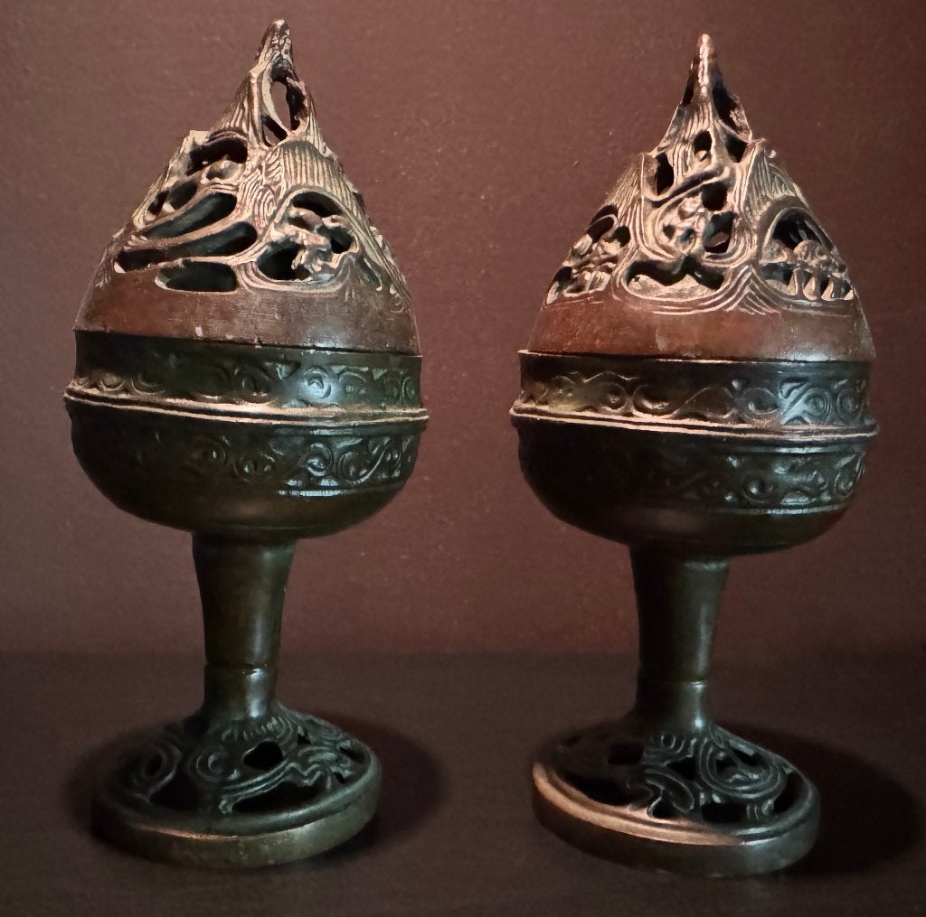 Paire d'Anciens Brûleur d'Encens en Bronze - Chine, Antiquités & Art, Art | Art non-occidental, 16 cm, Enlèvement ou Envoi, Chine