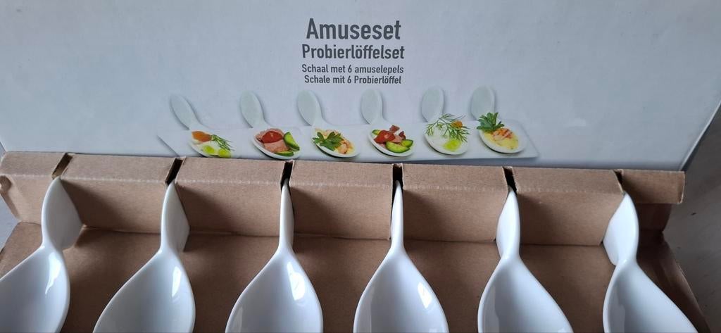 Amuse setje met 6 amuse-lepels en plateau, Maison & Meubles, Cuisine | Couverts, Neuf, Autres matériaux, Résiste au lave-vaisselle