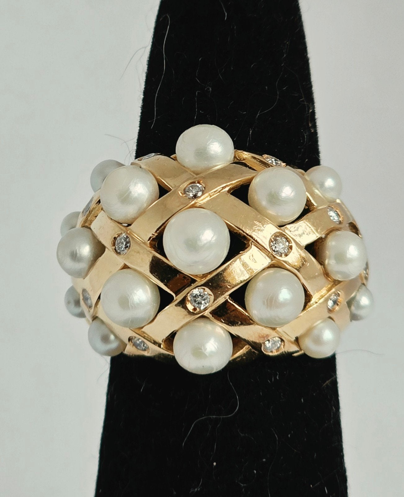 Massieve gouden ring met parels en diamanten, Bijoux, Sacs & Beauté, Enlèvement ou Envoi, Or, Plus petit que 17, Or