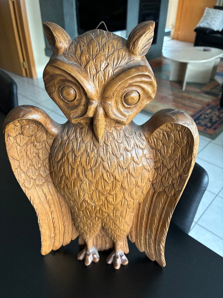 houten uil, Wandsculptuur, Hout, 21 cm, Zo goed als nieuw