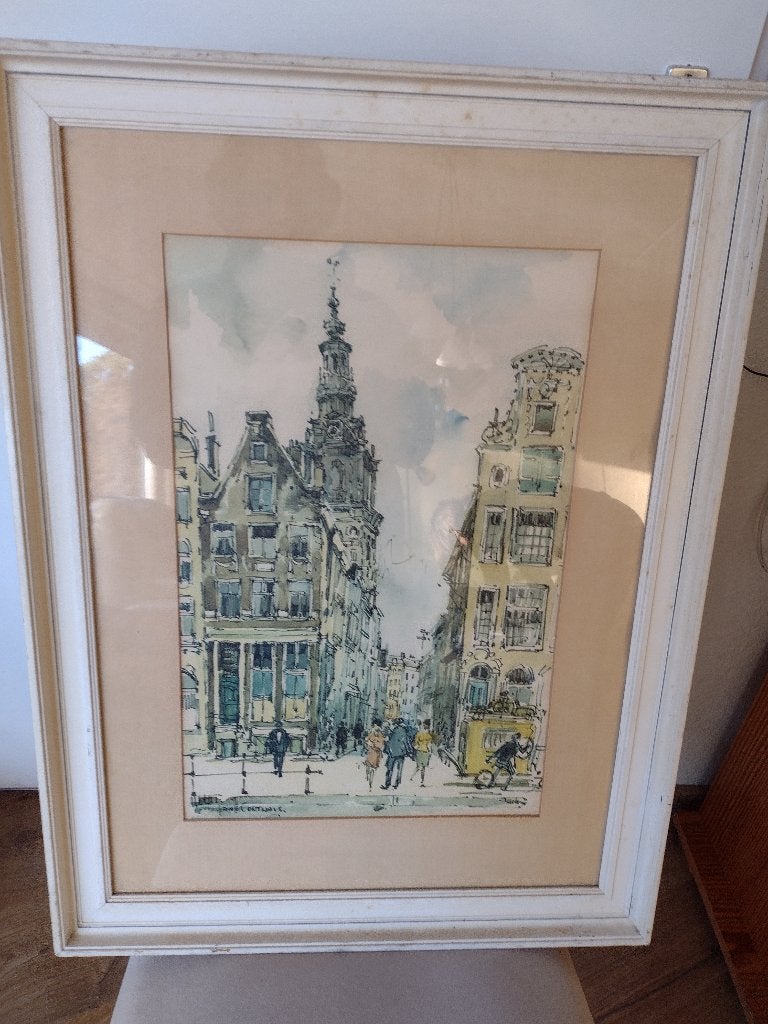Korthals denk een aquarel stad gezicht, Antiek en Kunst, Kunst | Schilderijen | Klassiek, Ophalen of Verzenden, Achter glas, Aquarel