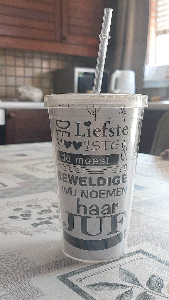 Plastic beker met rietje (bedankt lieve juf), Ophalen, Nieuw