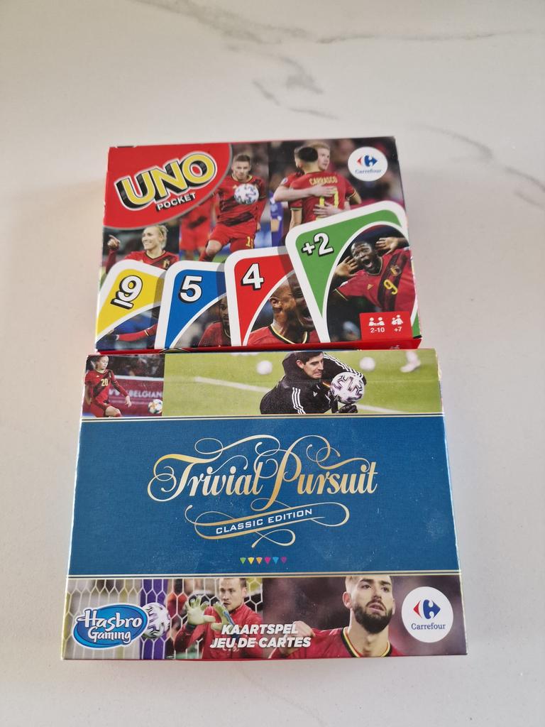 Trivial Pursuit Rode Duivels + Uno Pocket Carrefour editie, Hobby en Vrije tijd, Ophalen, Zo goed als nieuw
