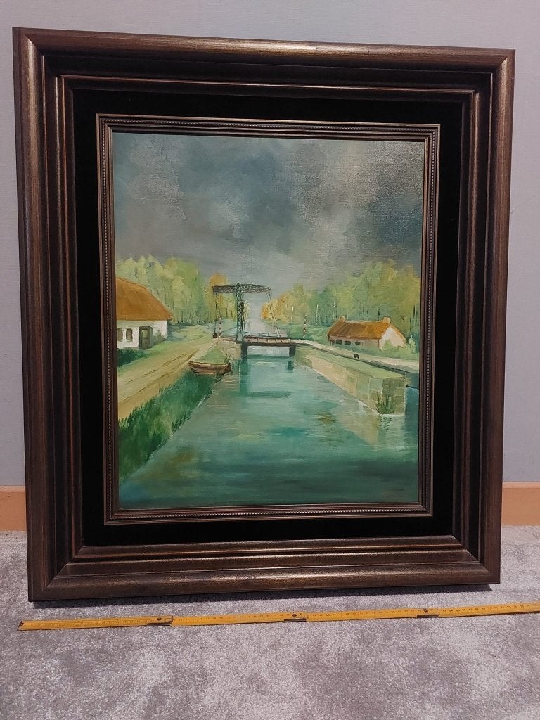 Peinture à l'huile : canal flamand rural et pont-levis, Antiquités & Art, Art | Peinture | Classique, Signé, Peinture à l'huile